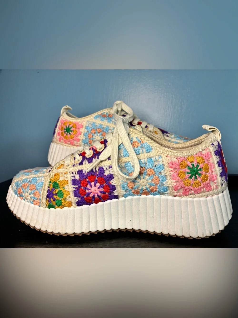 BAMBOO Crochet Sneakers in Cream, Light Blue & Purple (Unique!)